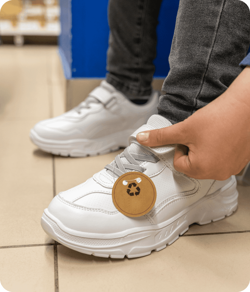 A person is putting buttons on their shoes.